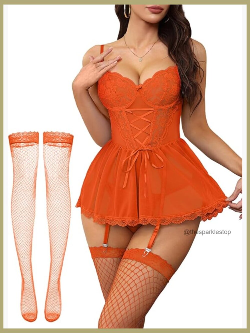 Floral Lace Mesh Sheer Garter Babydoll Lingerie Dress Corset Outfit Set